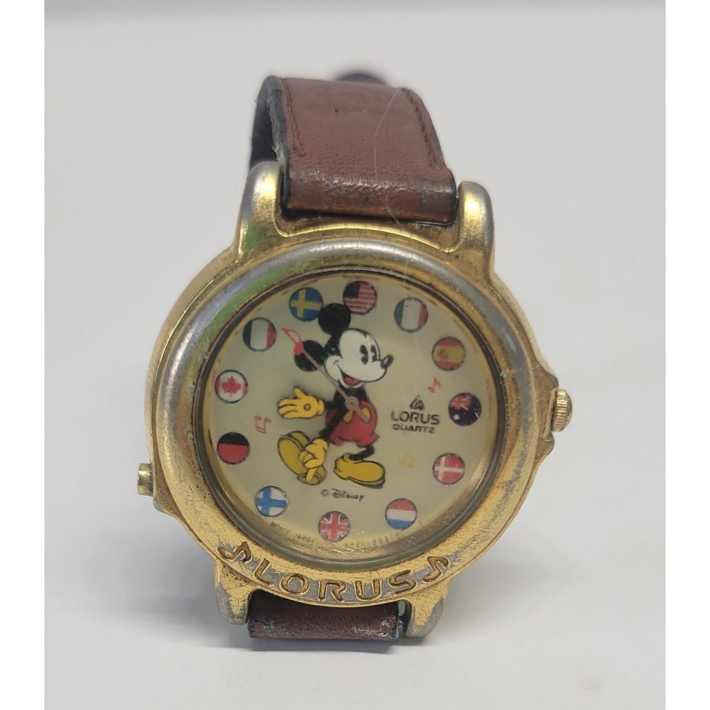 Vtg Lorus Quartz Disney Mickey Mouse World Flags‎ Gold Tone Watch Leather Strap